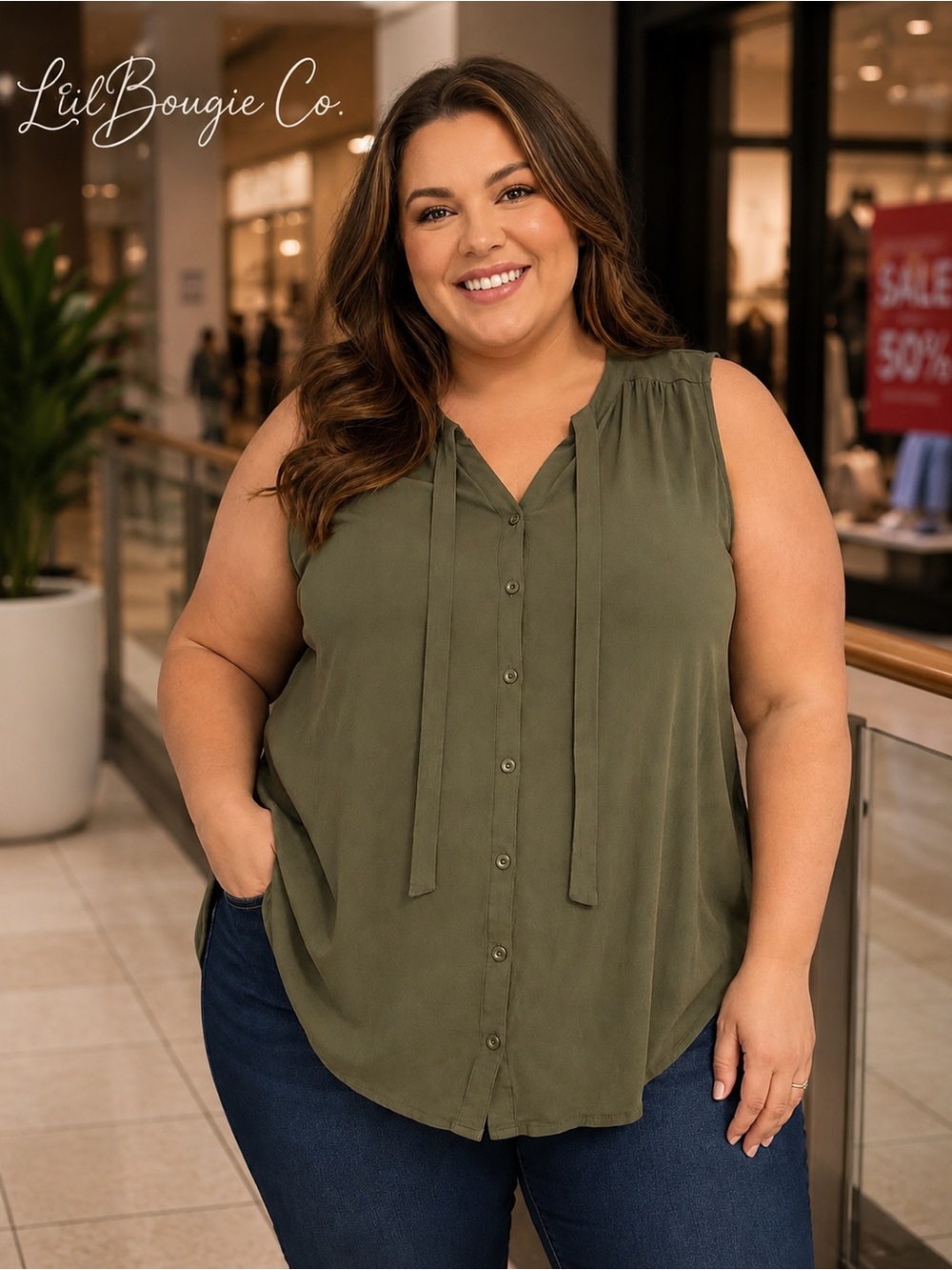 Torrid Olive Green Sleeveless Blouse Size 1 (1X) Flowy Button Front Tie Neck Top